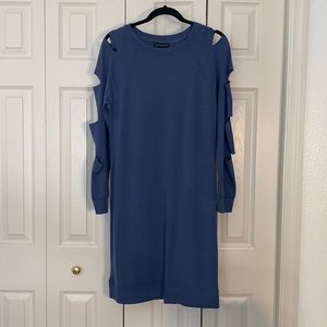Blue sweater dress, size L, sits in long sleeves